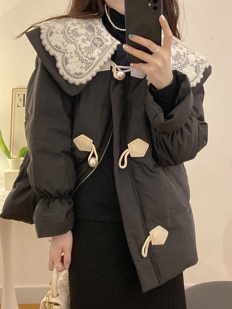 Oversized Warm Parkas Women Winter Long Sleeve Cotton Quilted Coat Female Korean Fashion Sweet Lace Doll Collar Loose Outerwear