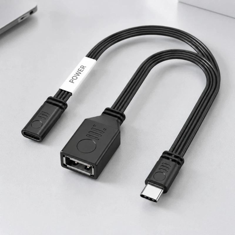 1 to 2 USB Extension Cable Splitter Left Right Elbow Type C Male to USB-A + Type C Female Extension Cord 65W Charging Flat Cable