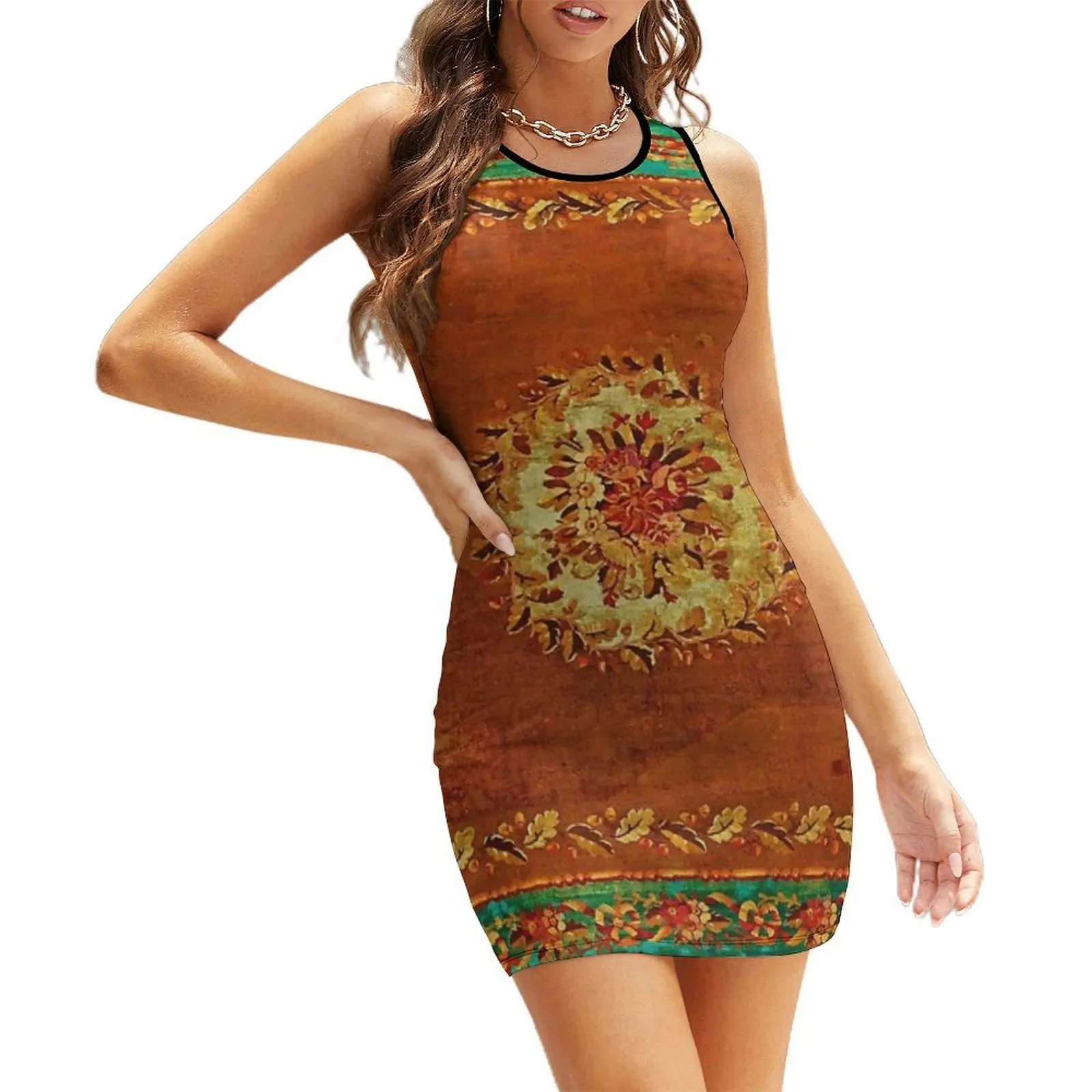 

Antique French Aubusson Rug Print Sleeveless Sundress women party dresses luxury evening dress woman for wedding Party dresses