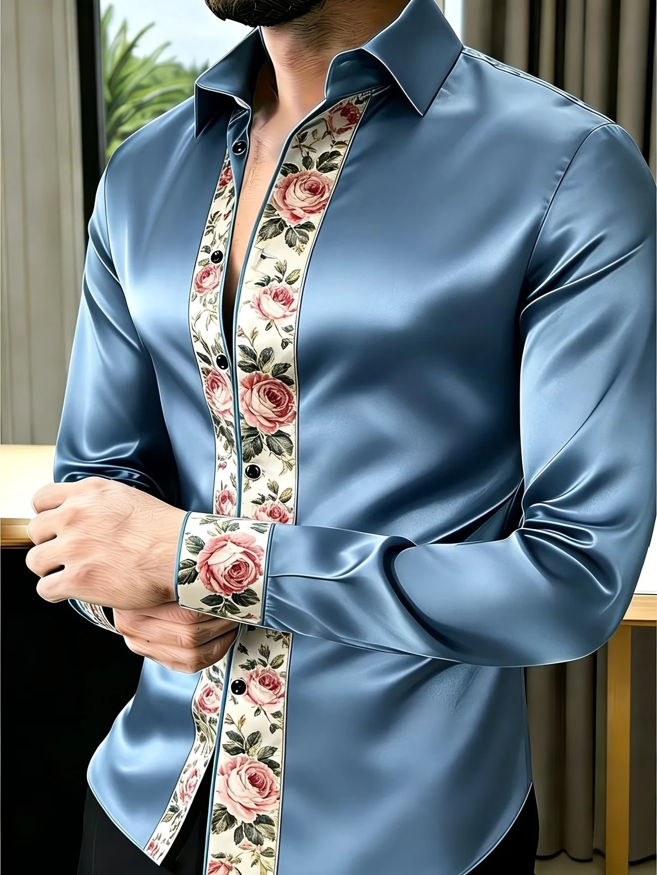 Men's Satin Contrasting Floral Print Long Sleeved Shirt with Four Side Stretch, Slim Fit, Business Casual Banquet Formal Shirt