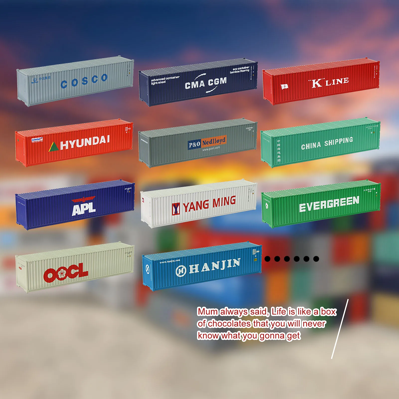 Evemodel 12 sztuk losowe marki pudełko z niespodzianką HO skala 1:87 40ft pojemnik wysyłkowy 40' pudełko towarowe C8746