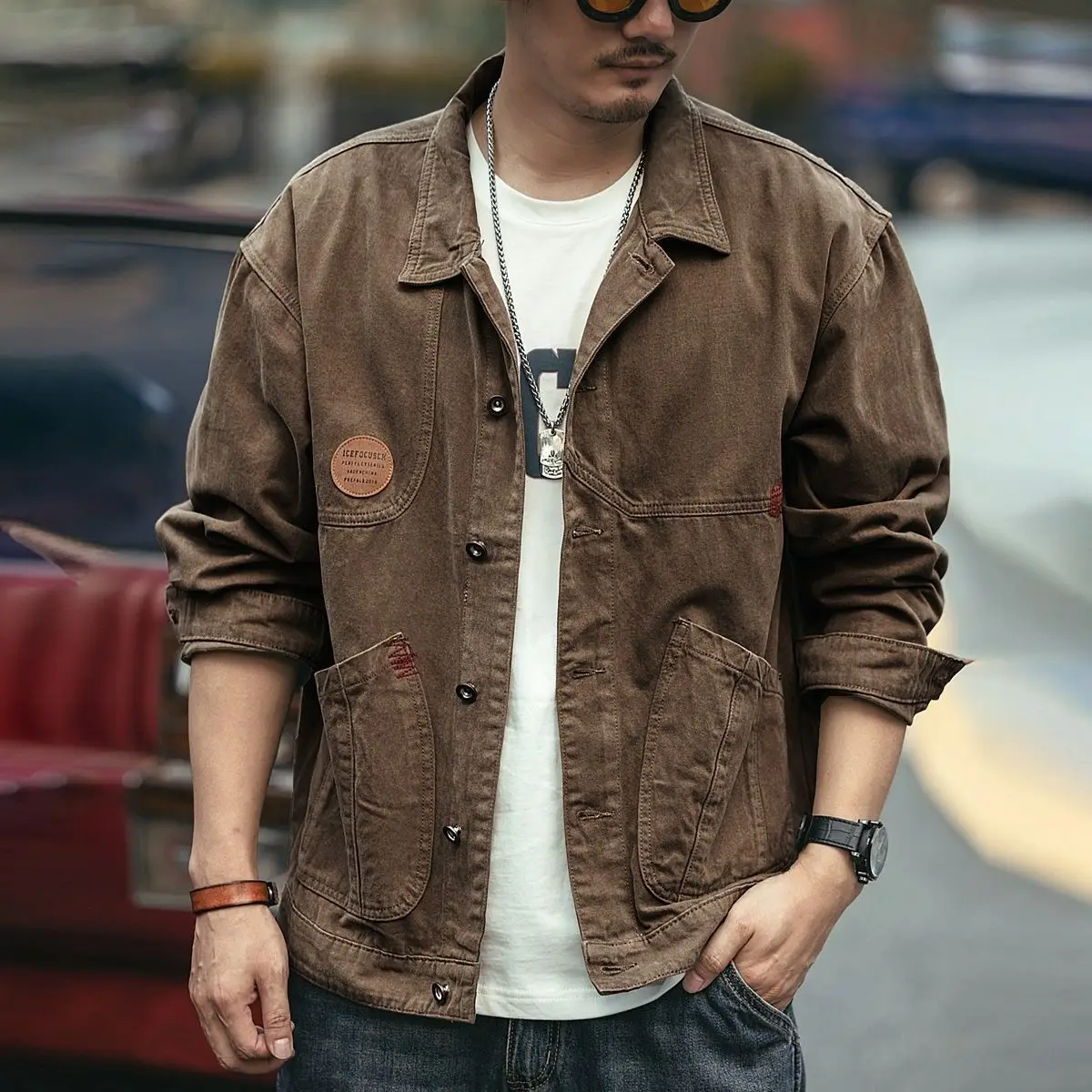 Spring Autumn Men's Casual Big Pocket Workwear Jacket Turn Collar Loose Business Casual Windbreaker Coat