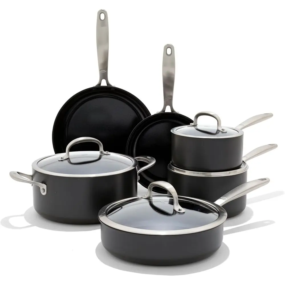 

10-Piece Nonstick Cookware Set: Durable Hard-Anodized, PAS-ree, Scratch-Resistant, Stainless Steel Handles, Dishwasher and Oven