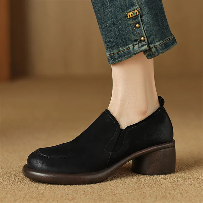 New Autumn Genuine Leather Women Shoes Fashion Round Toe Shoes for Women Chunky Heel Loafers Zapatos Mujer Women Pumps Brown