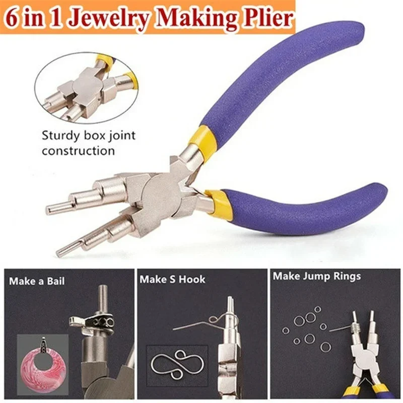 6-in-1 Carbon Steel Round Nose Jewelry Pliers Bail Making Pliers DIY Hand Tool Metal Lobster Buckle Earring Hooks Six-section