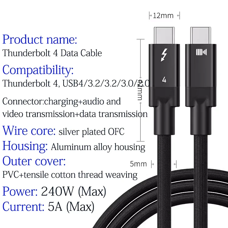 Cable USB 4 de 240W para Thunderbolt 4, Cable de datos de 40Gbps y 8K @ 60Hz o vídeo Dual 4K @ 60Hz para teléfono MacBook IPad Pro Hub, acoplamiento, Etc.