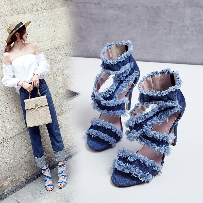 Women's New European and American Denim Lace Edge Bag with Zipper Open Toe Roman Fish Mouth High Heel Large Sandals