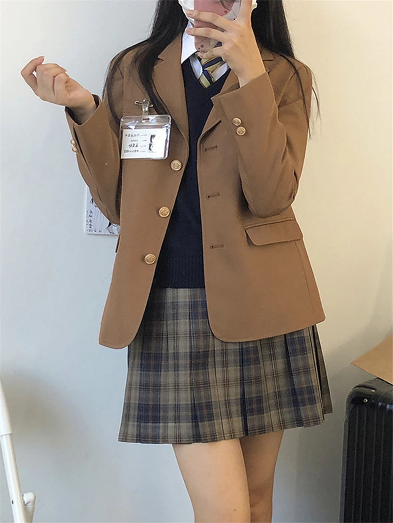 Chaqueta de traje marrón JK de manga larga para mujer, Blazer de uniforme con tres botones, abrigo de estilo universitario Preppy, primavera y otoño, 2024