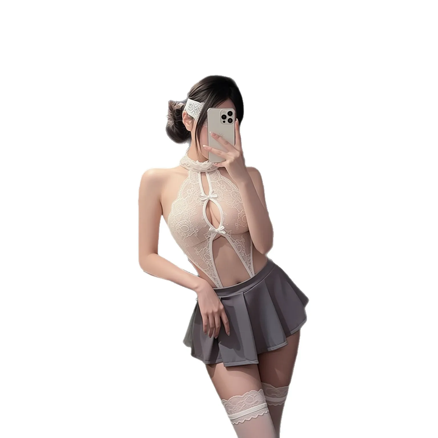 jimiko For Women's White Lace Halter Bodysuit Gray Pleated Mini Skirt Two Piece Lingerie Set Cutout Teddy Sleepwear Lace Skirt