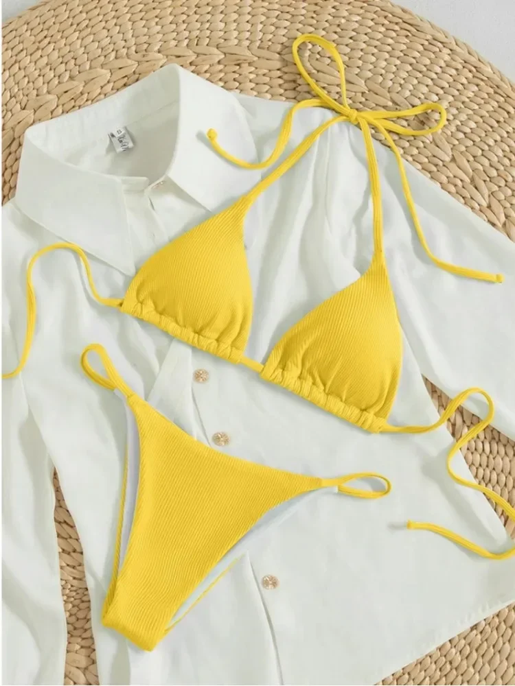 Costume da bagno da donna Costume da bagno bianco Halter Due pezzi Perizoma Bikini Set Costumi da bagno Costume da bagno biquini brasiliano Costumi da bagno Nero