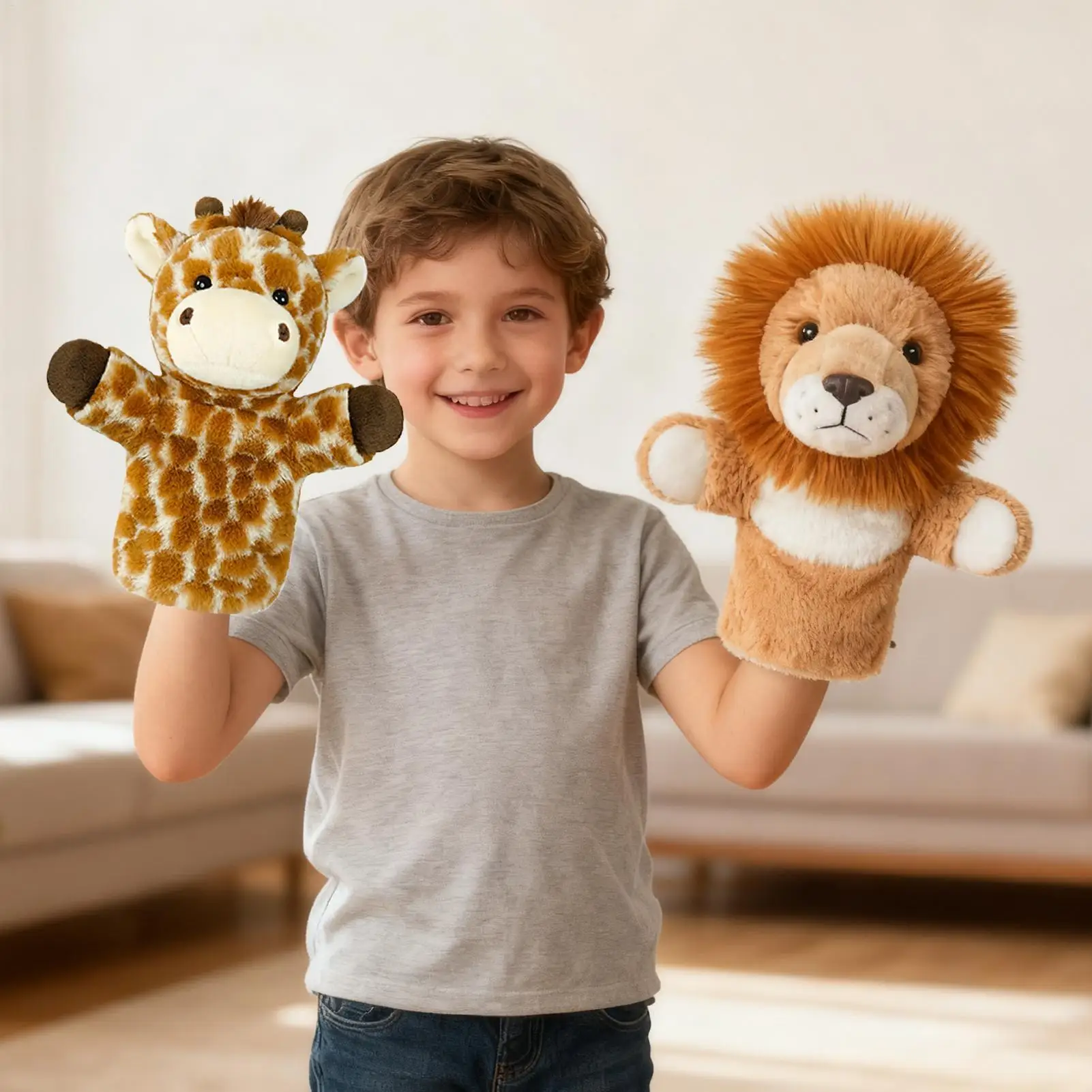 หุ่นมือสัตว์ ตุ๊กตาสิงโต ยีราฟ ของเล่นเล่านิทาน การแสดงบนเวที หุ่นมือสำหรับเด็กชาย เด็กหญิง พ่อแม่ ครู