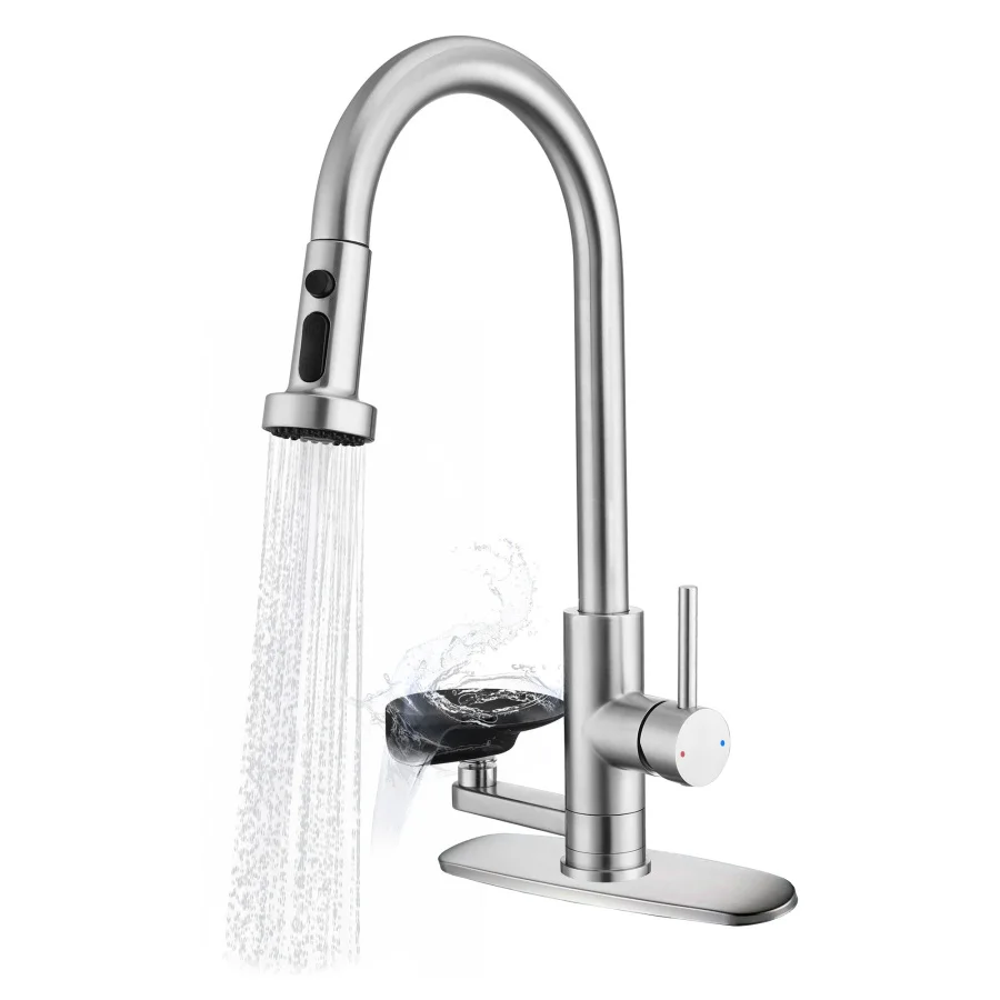 

3-in-1 Kitchen Faucet with Press-Type Glass Rinser High-Arc Pull-Down Sprayer Faucet 3 Function Spray Mode Brushed Nickel Finis