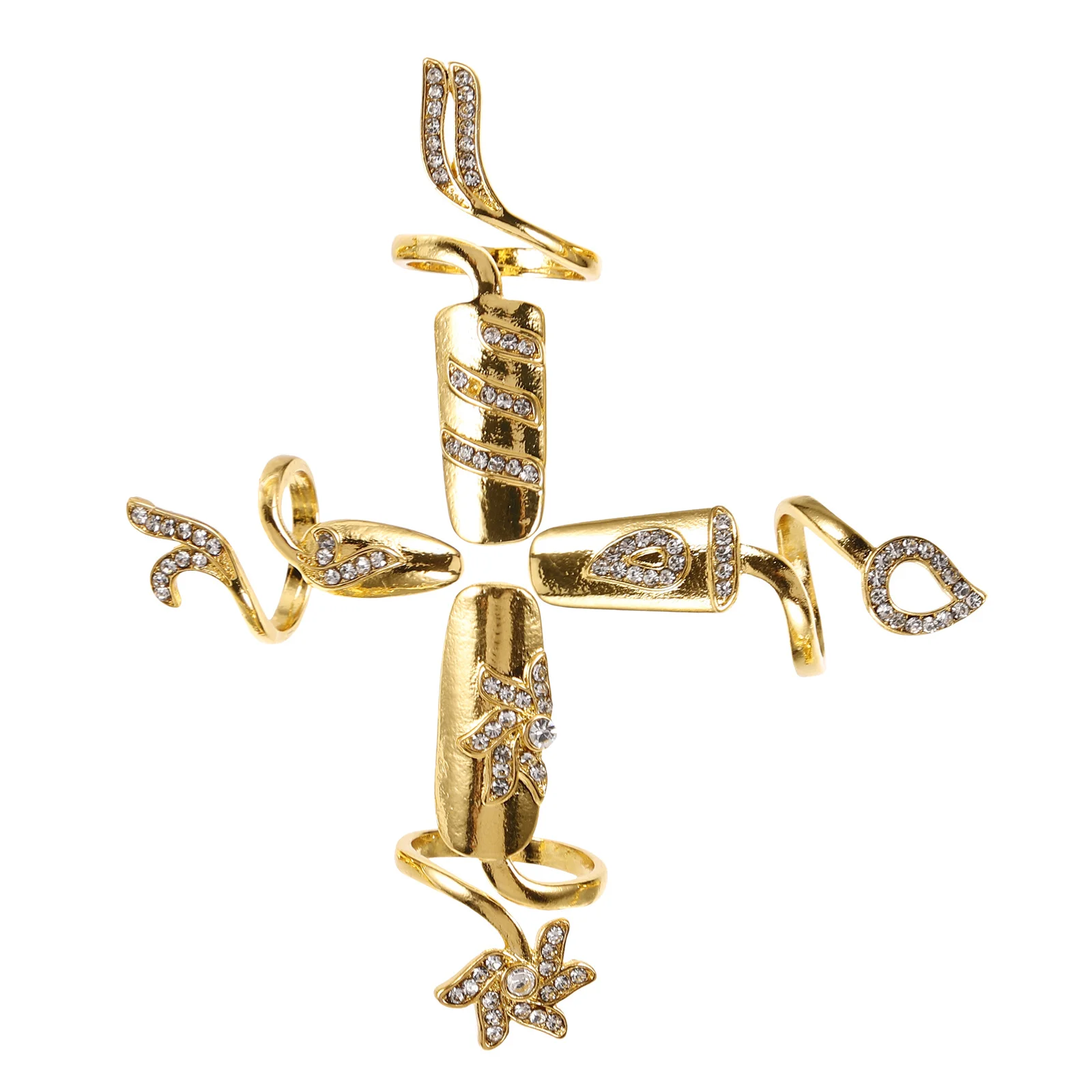 4Pcs Fashion Nail Rings Women's Rhinestone Fingernail Jewelry Alloy Finger Tip Rings Easy to Wear No Glue Needed Gift