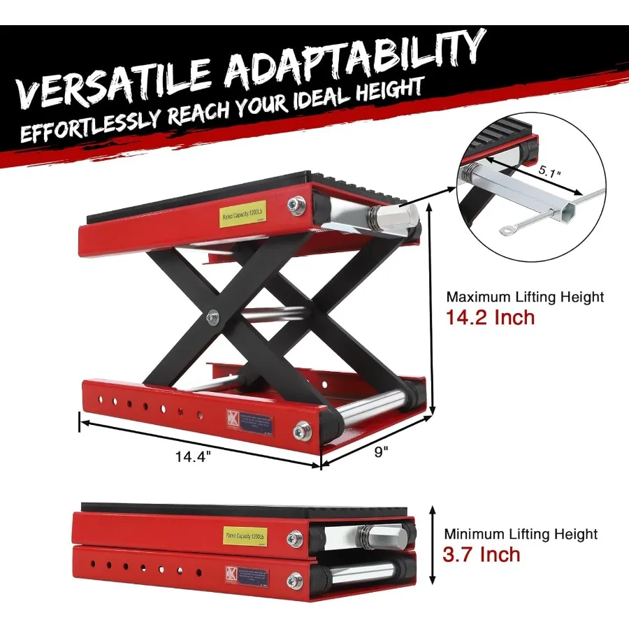Ножничный домкрат для подъема мотоцикла с широкой палубой и тележкой для простого обслуживания автомобиля. Утолщенная резиновая накладка. Защитная крышка 1200 фунтов.