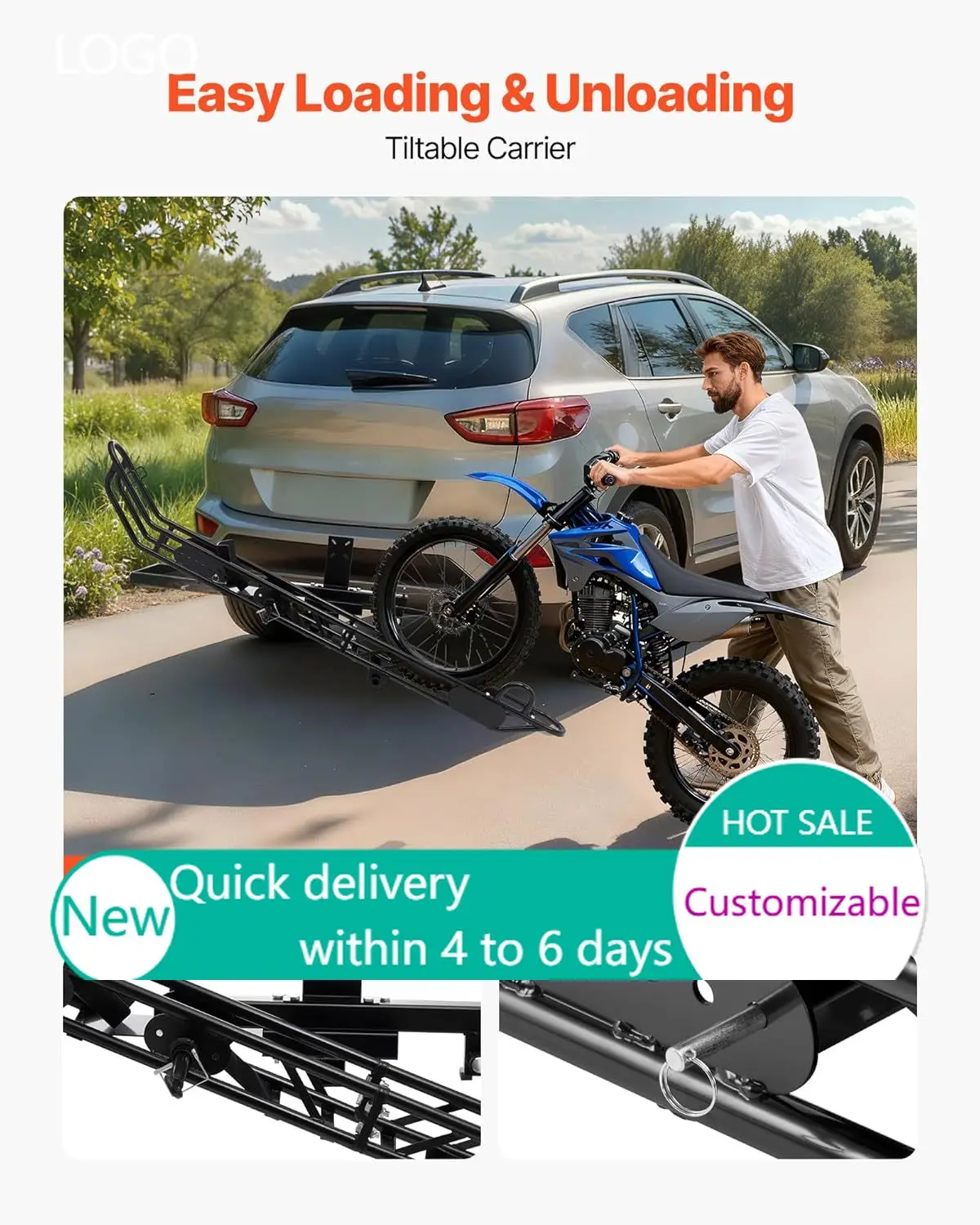 Motorcycle Carrier, 500 lbs Capacity, Heavy Duty Steel Hitch Mount Rack with Anti-Tilt Lock Device, Straps & Stabilize