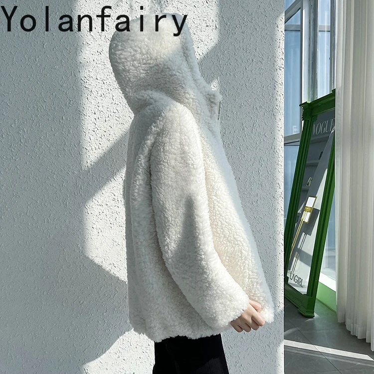 YOLANFAIRY 100% lana vera pelliccia cappotto donna agnello cappotti invernali con cappuccio abiti corti da donna tosatura giacche naturali Abrigos