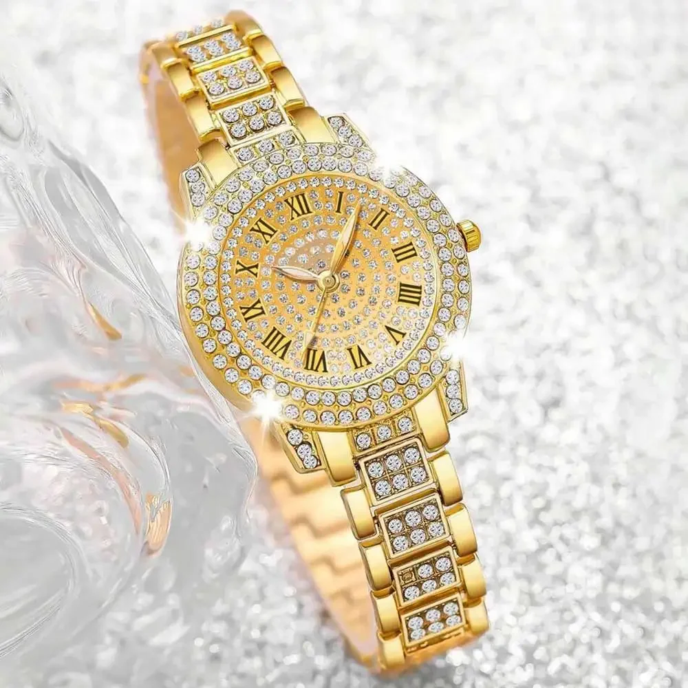 4 Pieces Fashionable Luxury Women's Watch Set with Rhinestone Roman Numbers Round Dial Watch Quartz Bracelet Perfect Gift Set