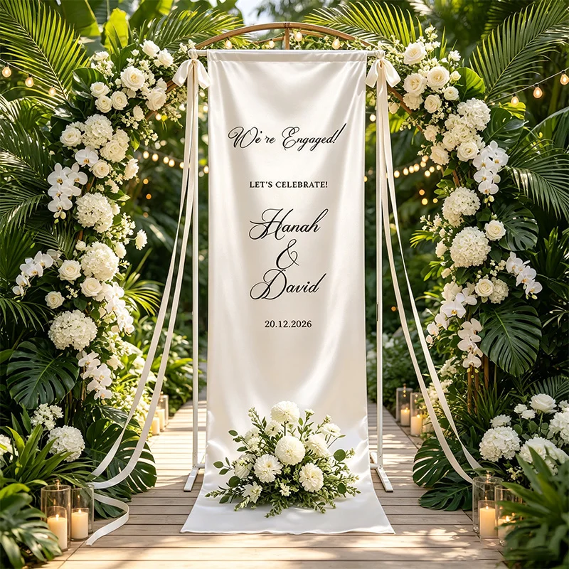 1pc Personalized Engagement Banner, 140x400cm Custom Wedding Welcome Sign, Fabric Wedding Banner, Engagement Party Decor
