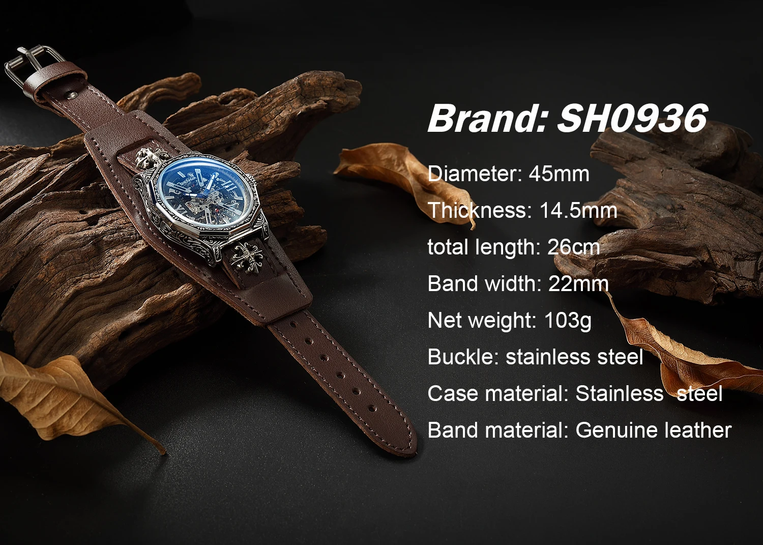 SHENHUA Luxury Steampunk Rock Style Wristwatch Retro Carving Man\'s Automatic Mechanical Watch Luxury Skeleton Waterproof Watch