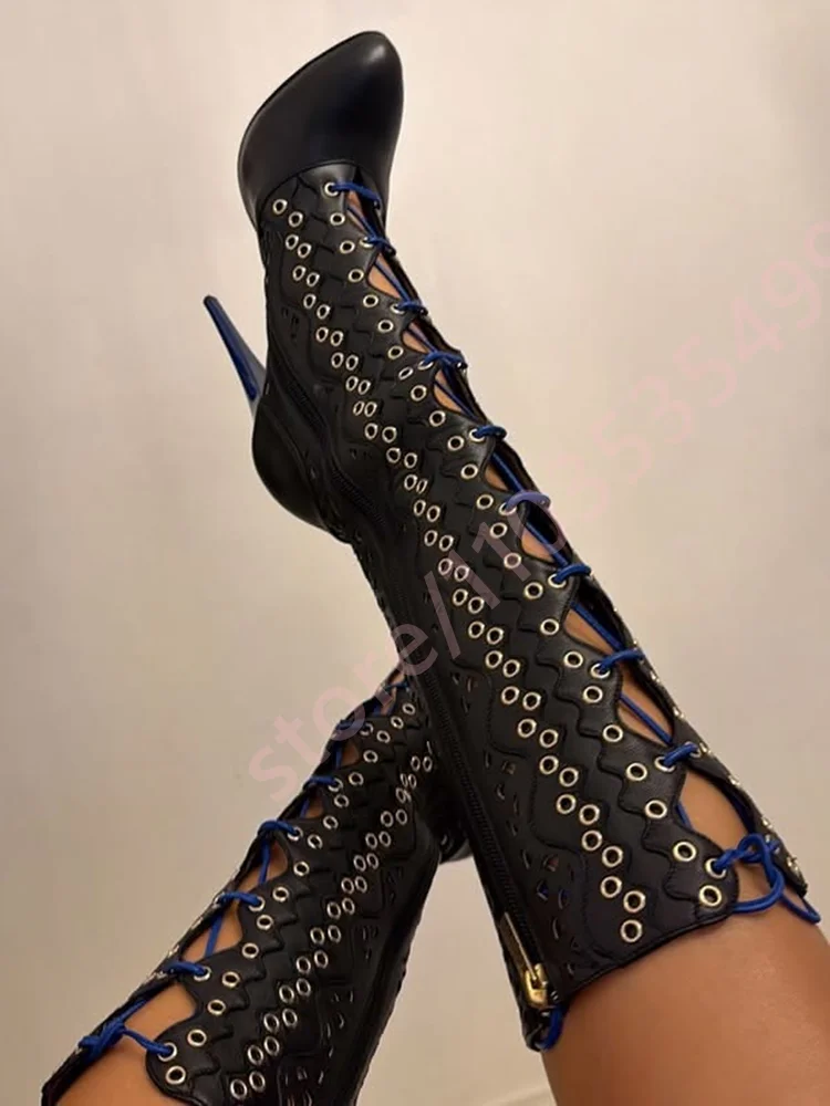 Women's Black Knee High Stiletto Boots 2026 Summer Hollow Out Eyelet Blue Lace-Up Boots Pointed Toe Zipper Party Heeled Boots