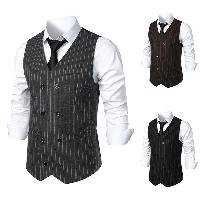 

New Men's Fashion Suit Vest Trend Stripes Medieval Retro Vest Double-Breasted Male Waistcoat Wear