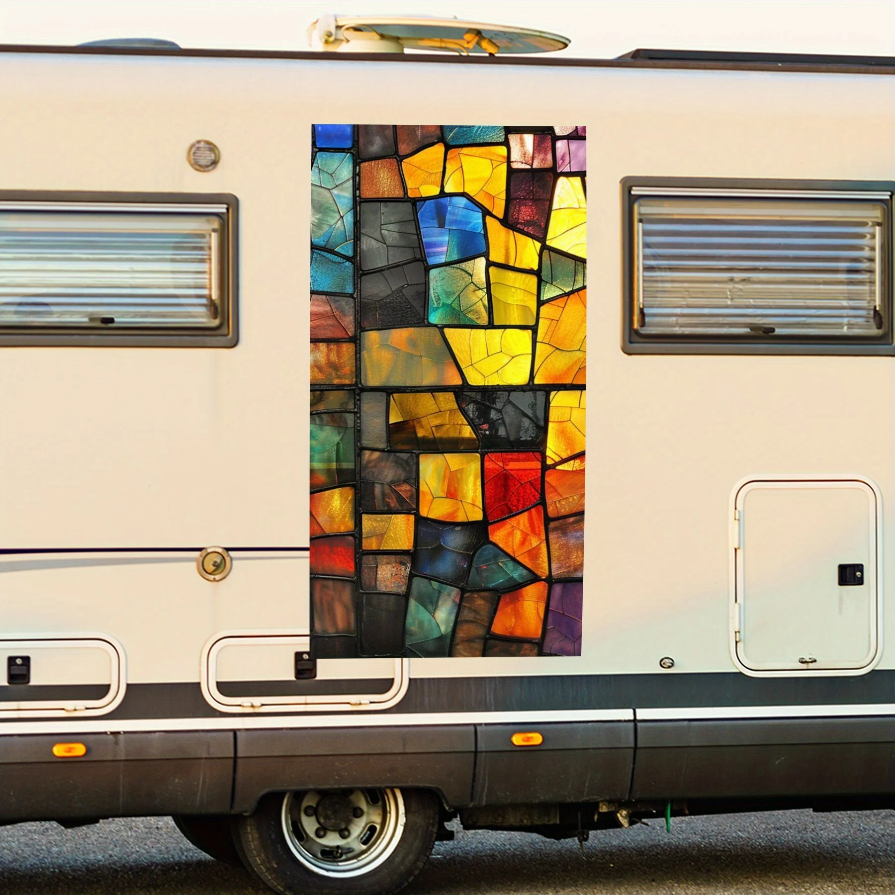

Colorful Stained Glass Art Motorhome Car Door Sticker PVC Self Waterproof Stick, Striking Auto Exterior Accessories Decor Protec