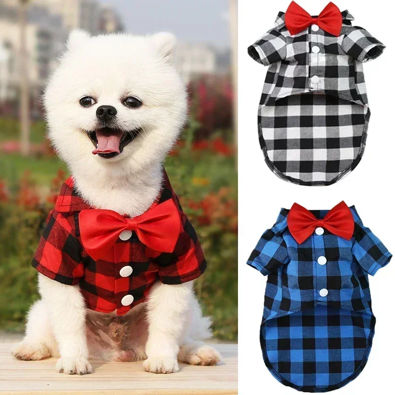 Small Pet Dog Plaid Shirt with Bow Tie Teddy Pomeranian Chihuahua Puppy Suit Wedding Party Formal Dress Dog Groomsman Clothes