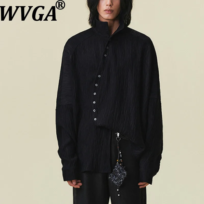 

WVGA Spring Autumn New Man Streetwear Pleated Trendy Button Turn-Down Collar Long Sleeve Shirt Niche Chic Casual Tops Ins W14601