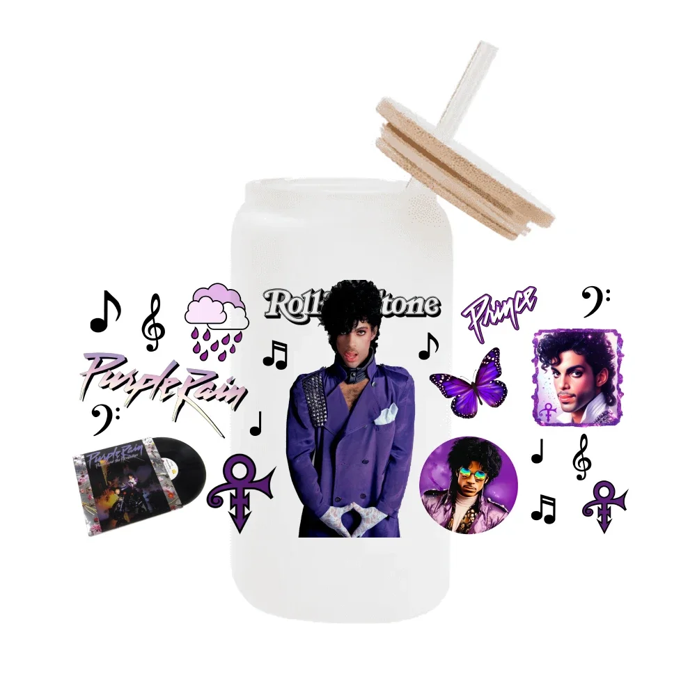 Cantante violet pluie Prince pour Libbey 16oz peut verre 3D étanche UV DTF café peut envelopper Libbey verre Wrap