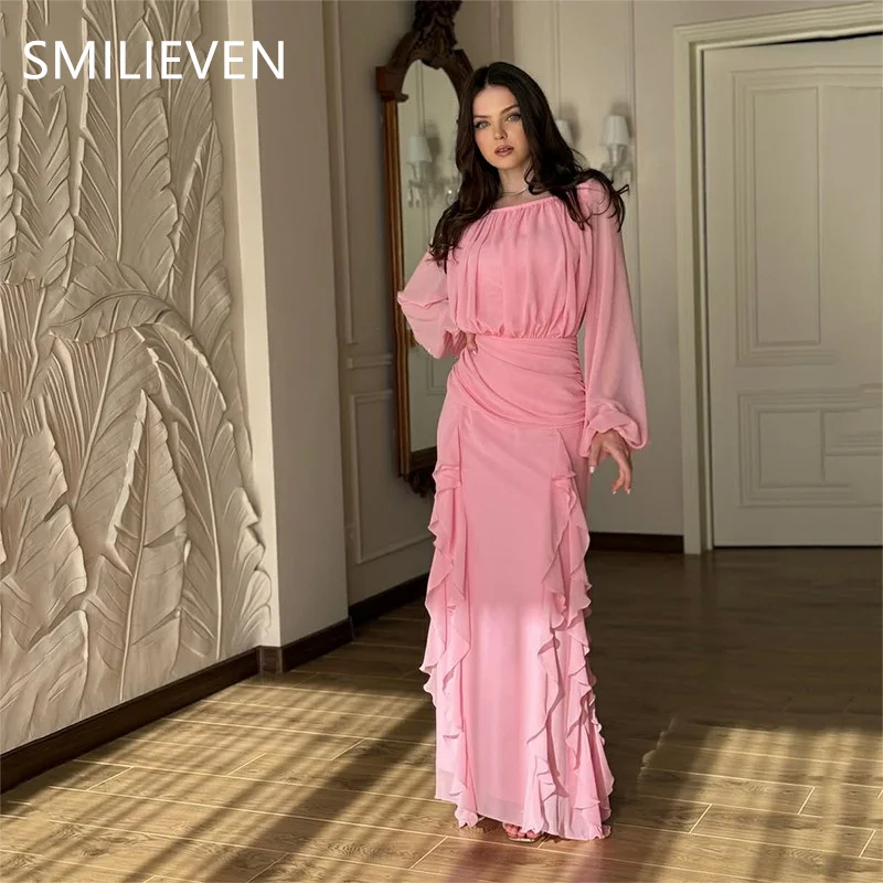 

Smileven Pink Modest A-line Korean Elegant Chiffon Prom Dresses Long Sleeve Floor-Length Party Evening Dress Gift Customized2025