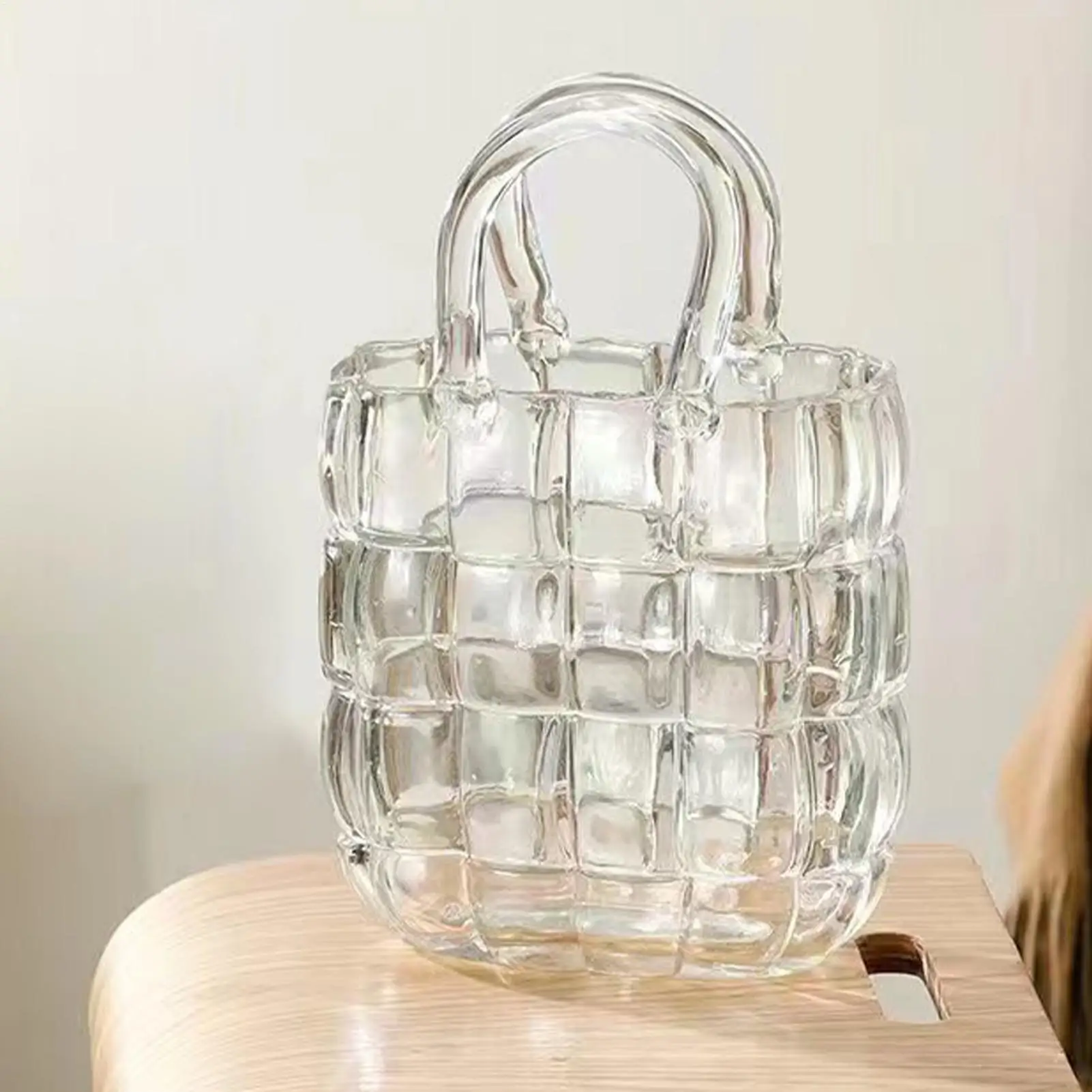 Purse Vase Clear Drinking Glass Decoration Bag Vase for Dining Room Entryway Wedding Party Bookshelf Workplace Restaurant