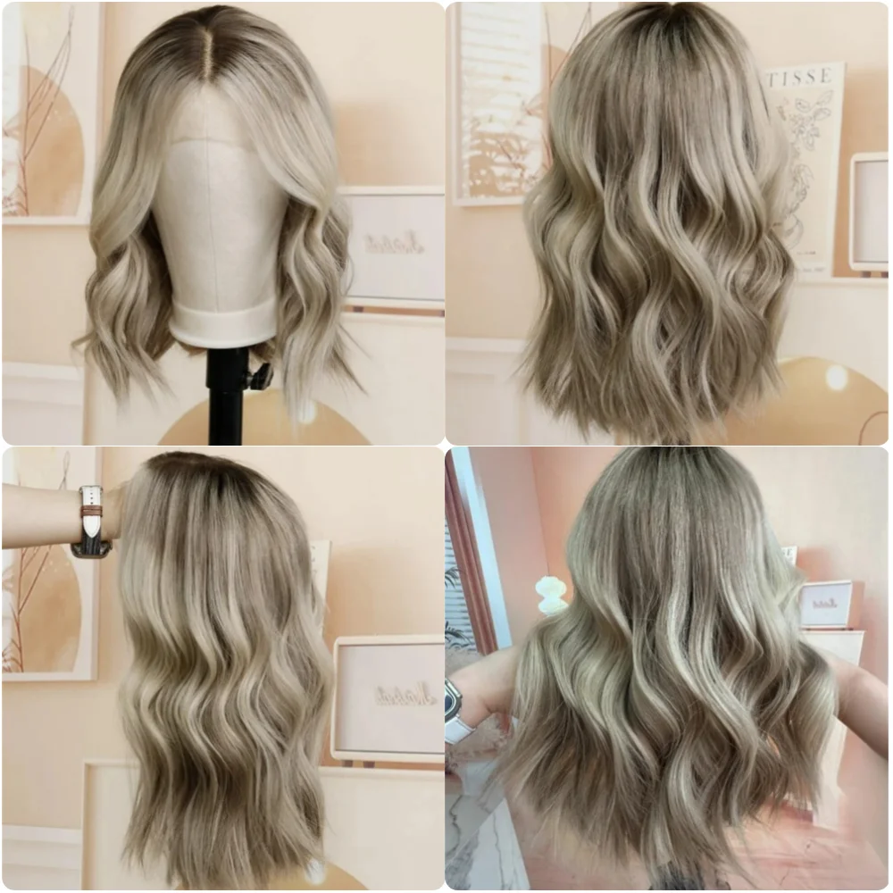 Picture 6: 100 Human Hair Ash Blonde Highlight Brown Ombre Wigs Transparent 13X4 Lace Front Wig Natural Wave Wigs Brazilian Remy Hair Wigs