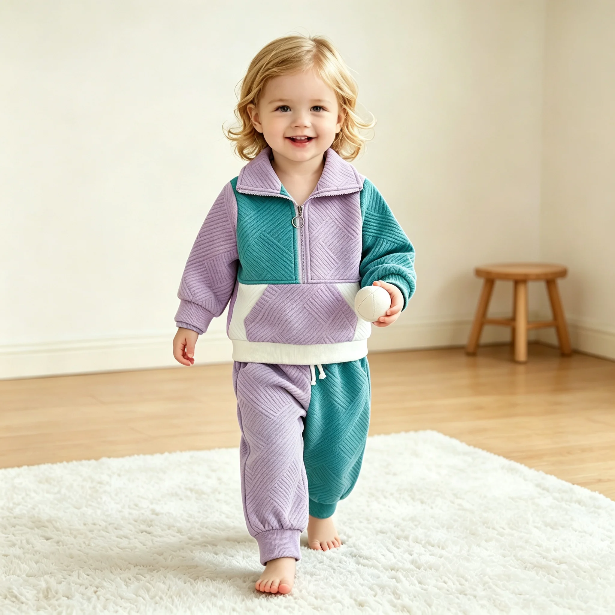 0-5Yrs Autumn Toddler Kids Outfit Contrast Color Half Zip Up Lapel Neck Long Sleeve Sweatshirt and Pants 2 Pcs Set