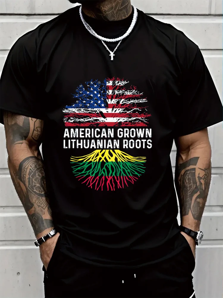 American Grown Lithuanian Roots Lithuania Flag Family Tree T-Shirt,Men's T-shirt Print Tee Tops Fashion Clothing