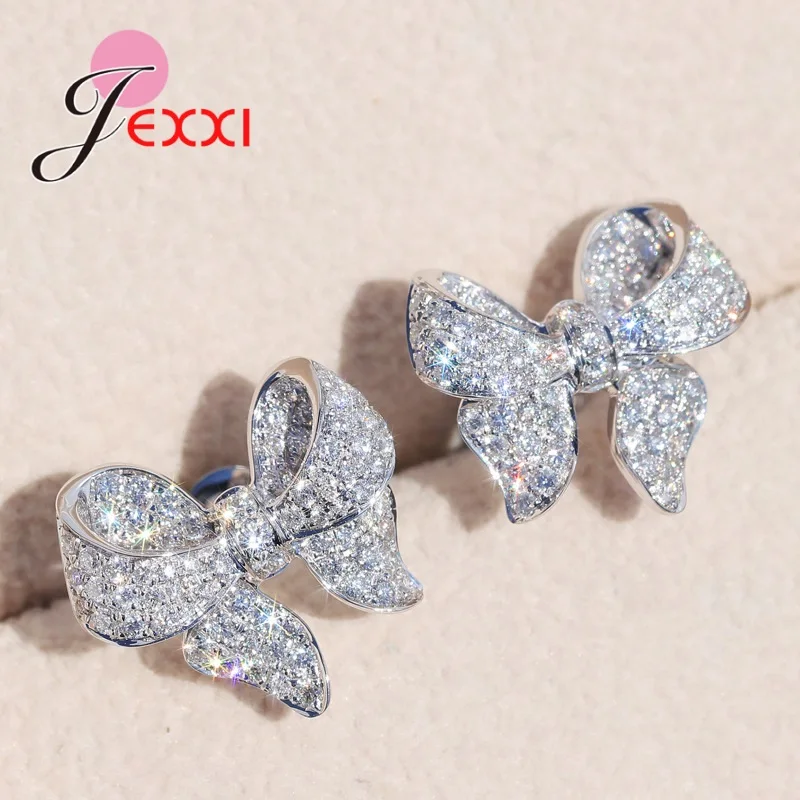 Genuine 925 Sterling Silver Bow Pattern Stud Earrings For Women Girls Wedding Dating Engagement Jewelry Accessory Hot Sale