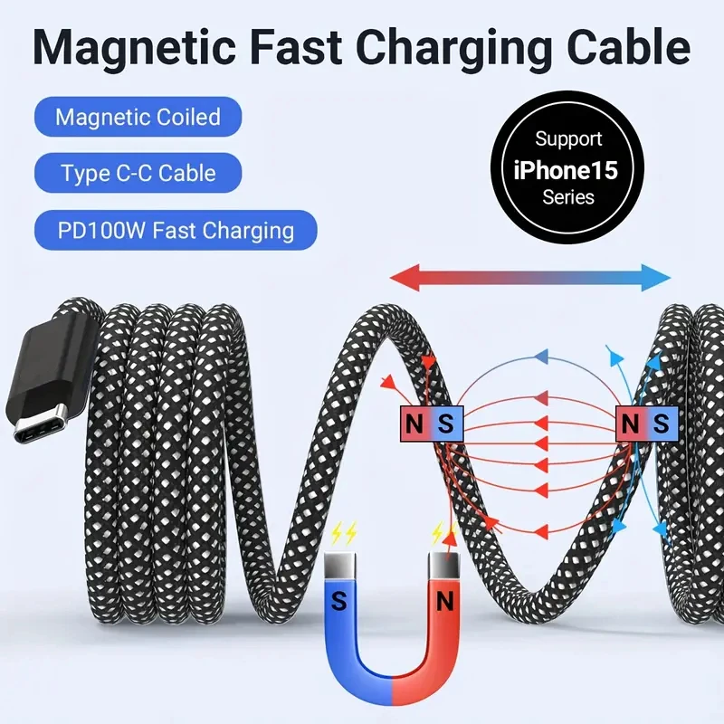 Cable cargador rápido magnético de 100W USB C a C para iPhone 16/15 65W USB A a C Cable de carga de datos para ordenador portátil Samsung teléfono móvil