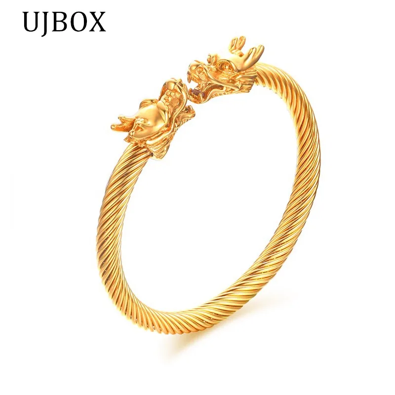 

Cool Men Double Dragon Heads Cuff Bracelet Bangle Gold Color Stainless Steel Wire Adjustable Bangle Men Gift B229