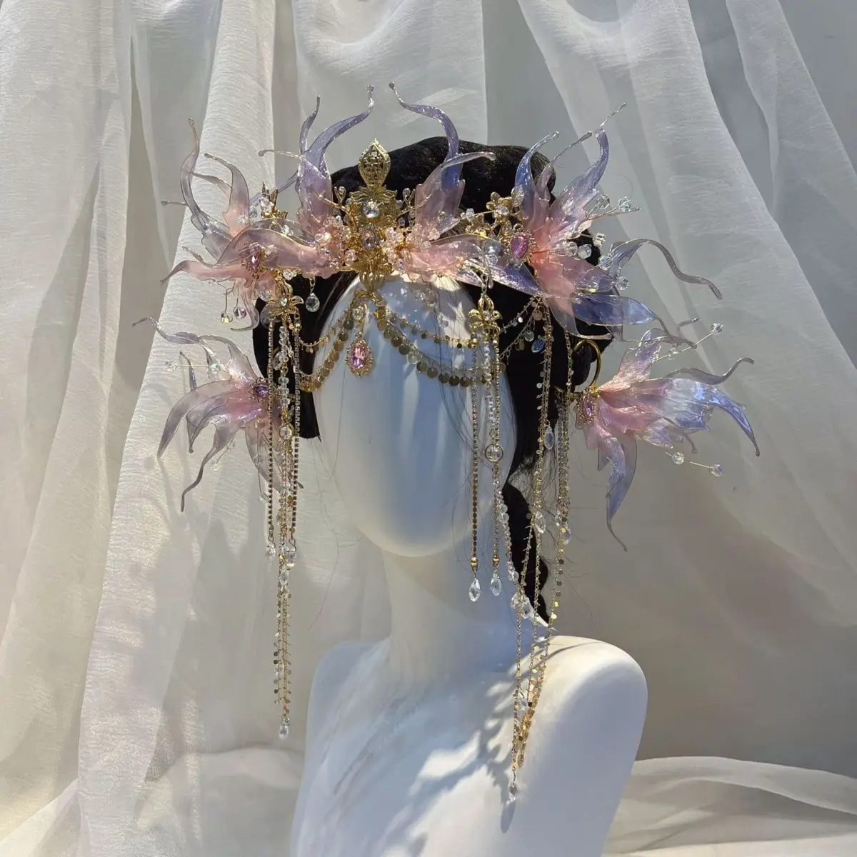 Ancient Style Super Fairy Mermaid Gradual Change Pink Crown Ear Hanging Set Super Fairy Hair Crown Mermaid Headgear