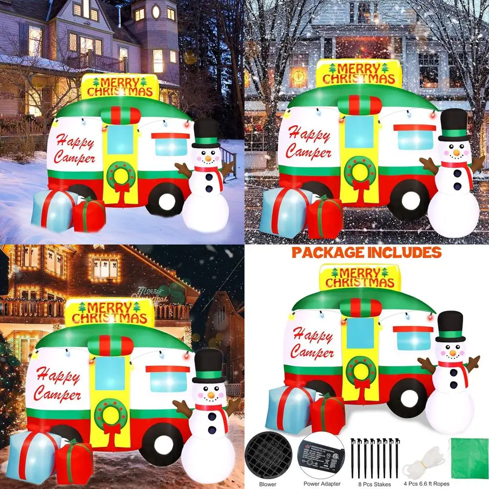 

7-Foot Tall Snowman RV Christmas Inflatable with Wreath, Gifts, and Lights for Outdoor Holiday Lawn Decor