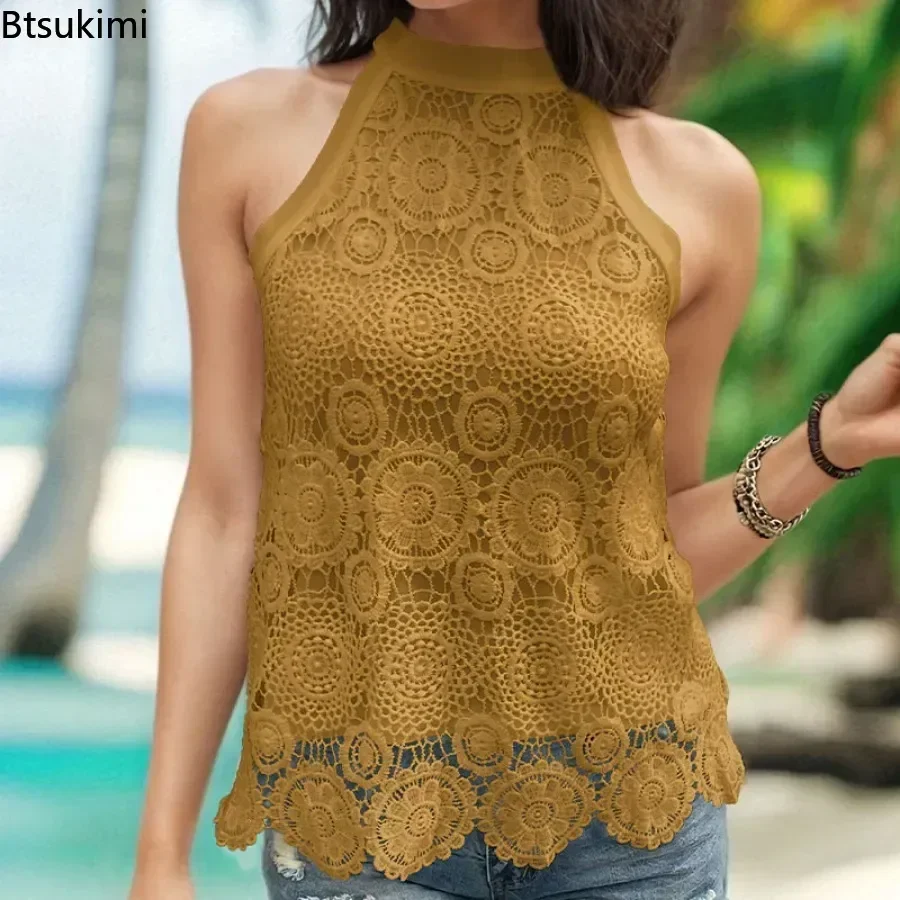 2025 Vrouwen Kant Splice Hollow Out Blouses Zomer Mouwloze Halter Tops Fashion Solid Veelzijdige Temperament Trui Vrouwelijke