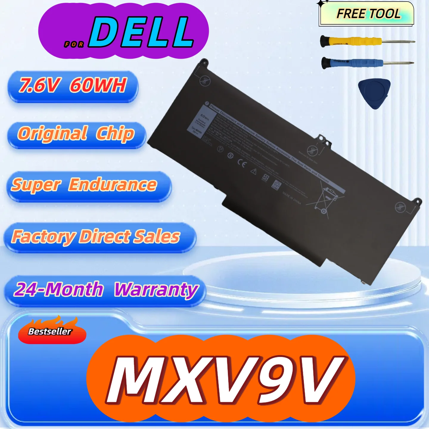 

MXV9V Battery For DELL Latitude 7300 7400 5300 5310 5300 5310 2-in-1 Series 5VC2M 05VC2M 829MX Free Tools 24Months Warranty