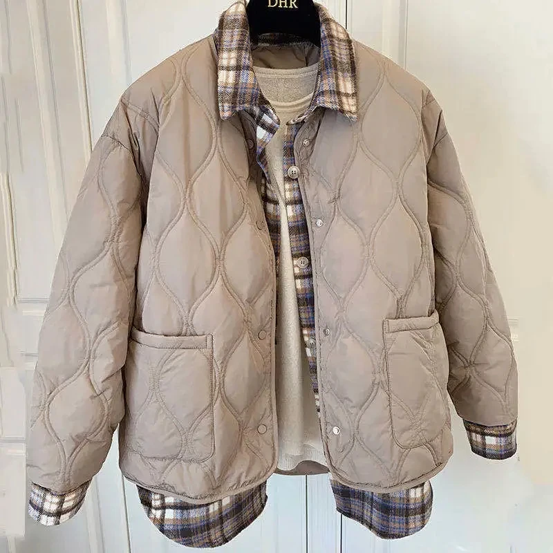 

Women's Thiened Loose Cotton Jaet Autumn Winter Plaid irt Splicing Vintage Sle Fake Two-Piece Cotton Coat Outerwear