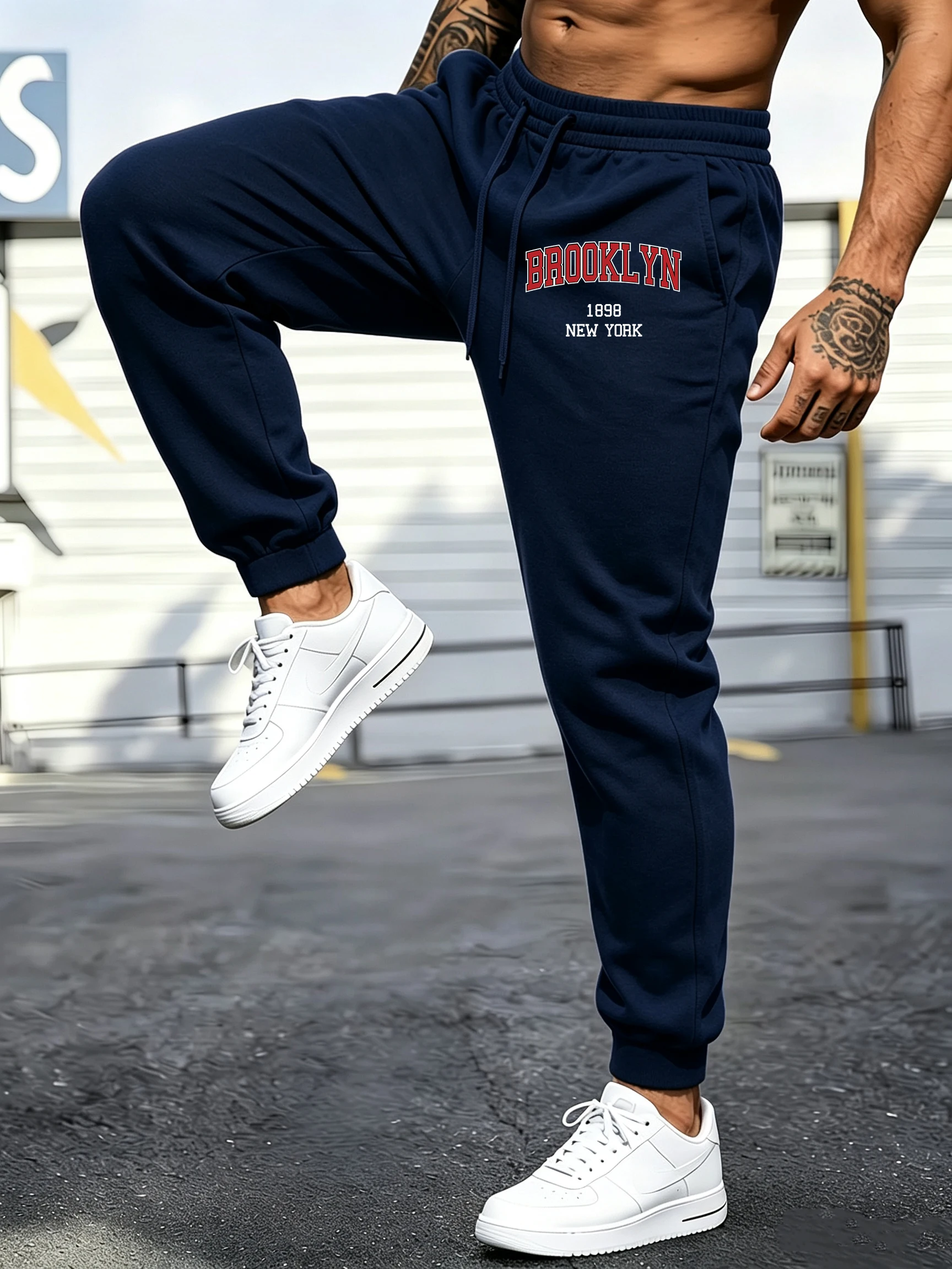 Brooklyn New York 1898 Pattern Drawstring Commute Trousers Men Autumn Winter Sweatpants Pocket Fleece Sportpants Jogging Pants