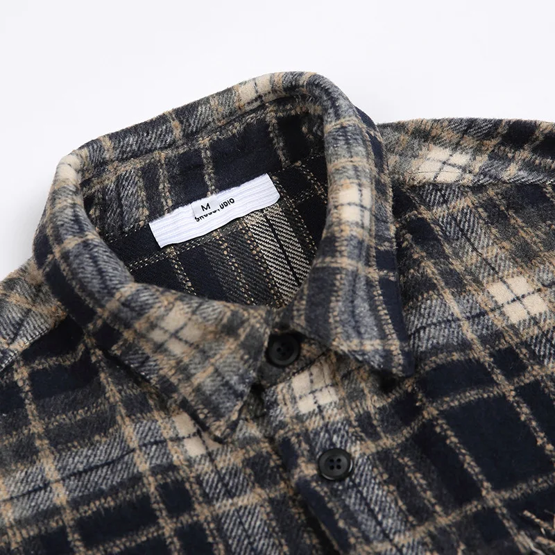 Autumn Men Tassel Decoration Vintage Fashion Loose Casual Long Sleeve Plaid Shirt Coat Cityboy Japan Streetwear Shirts Jacket