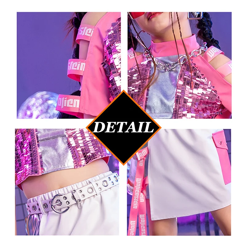 Jazz Dance Clothes Girls Sequins Tops Skirt Cheerleading Costume Kpop Hip Hop Dance Outfit Children Festival Clothing DL10600