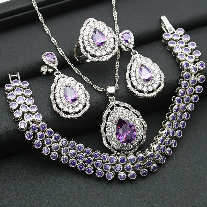 Luxurious Purple Crystal Silver Color Jewelry Sets For Women Earring Bracelet Pendant Necklace Ring Christmas Gift Free Gift Box