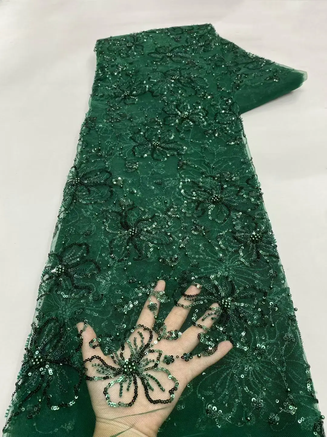 

Green Luxury Delicate Elegant French Handmade Beaded Lace Fabric Luxury Nigerian African Sequin Lace Fabric Evening Gowns