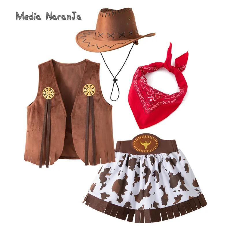 Western Cowboy Set Girls Festival Halloween Purim Vest skirt Set Performance Costume 4-piece Set with Hat