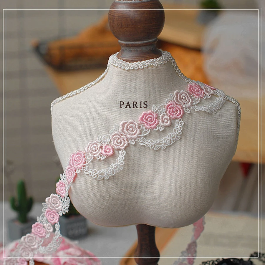 1Yard Pink Blue Lace Trim Craft Flower Lace Fabric Venice Floral Embroidered Applique Decorated Ribbon