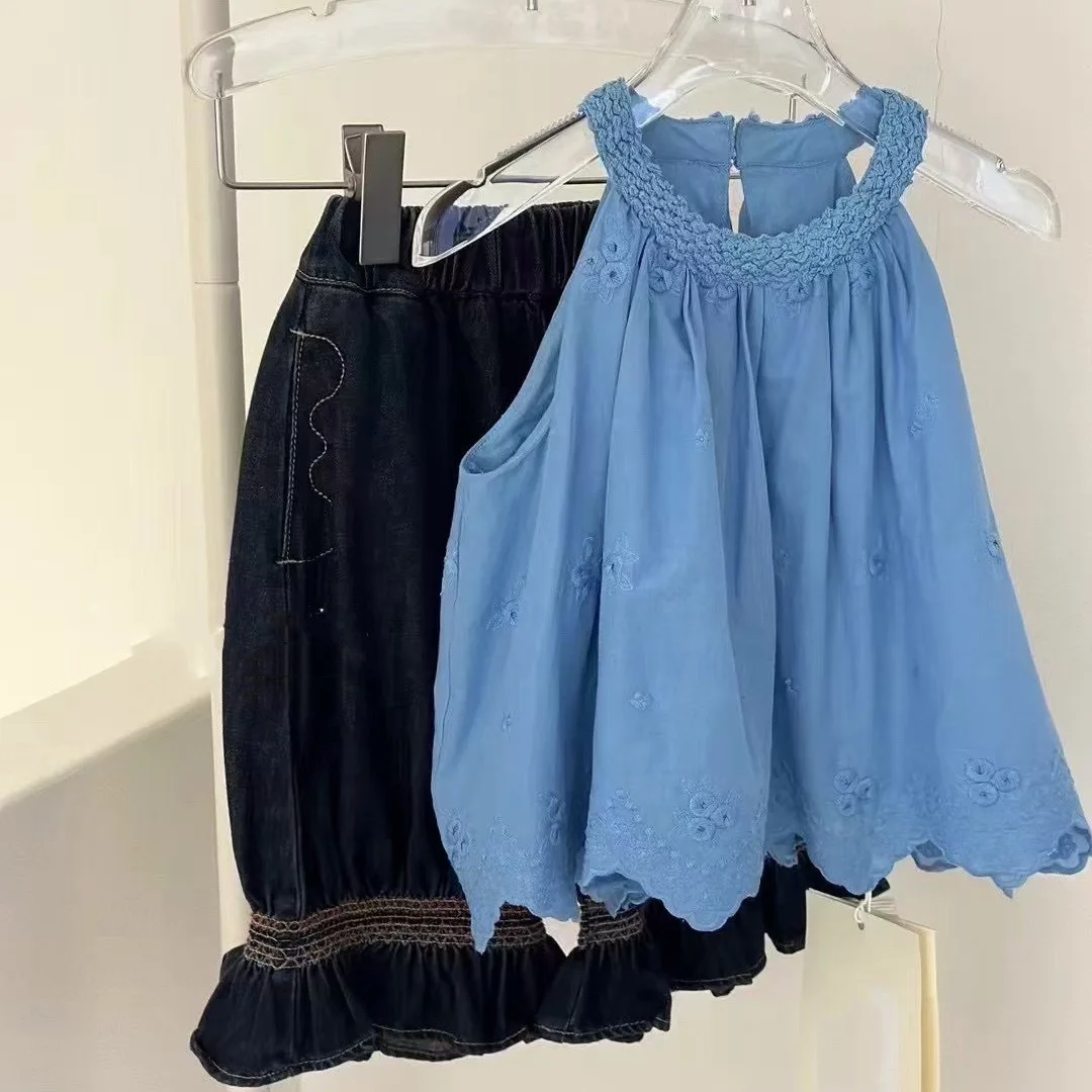 Girls Set 2026 Spring Summer New Korean Style Cutout Lace Blue Shirt Jeans Two Piece Set Casual Fashion Daily Wear